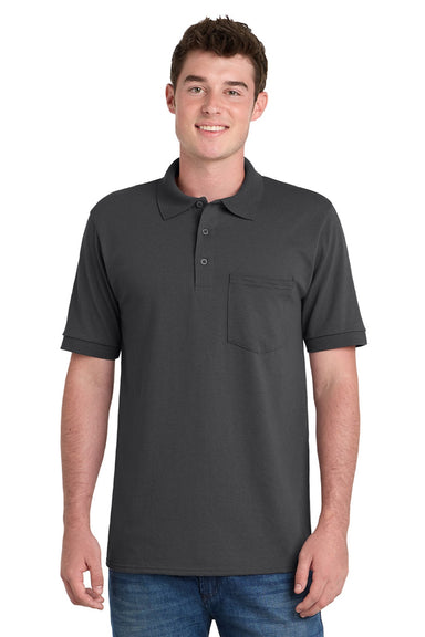 Port & Company KP55P Mens Core Stain Resistant Short Sleeve Polo Shirt w/ Pocket Charcoal Grey Model Front