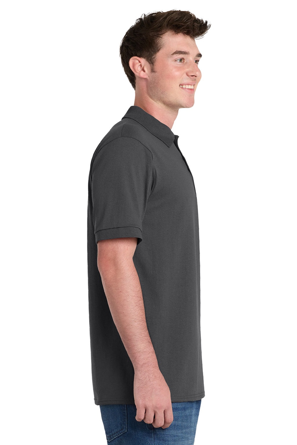 Port & Company KP55P Mens Core Stain Resistant Short Sleeve Polo Shirt w/ Pocket Charcoal Grey Model Side