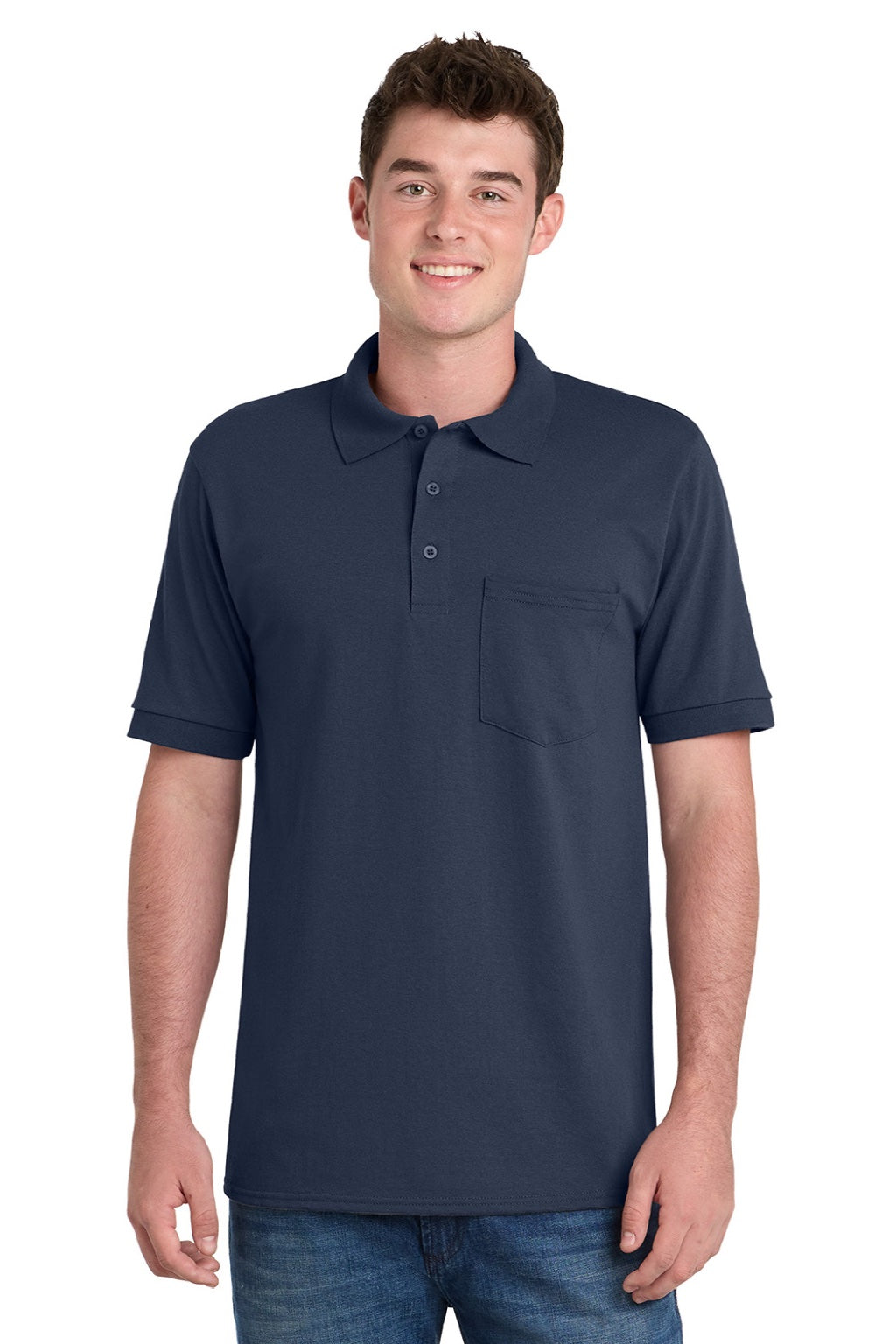 Port & Company KP55P Mens Core Stain Resistant Short Sleeve Polo Shirt w/ Pocket Deep Navy Blue Model Front