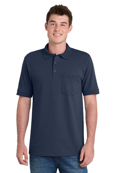 Port & Company KP55P Mens Core Stain Resistant Short Sleeve Polo Shirt w/ Pocket Deep Navy Blue Model Front
