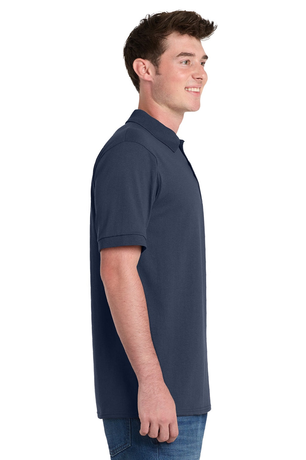 Port & Company KP55P Mens Core Stain Resistant Short Sleeve Polo Shirt w/ Pocket Deep Navy Blue Model Side