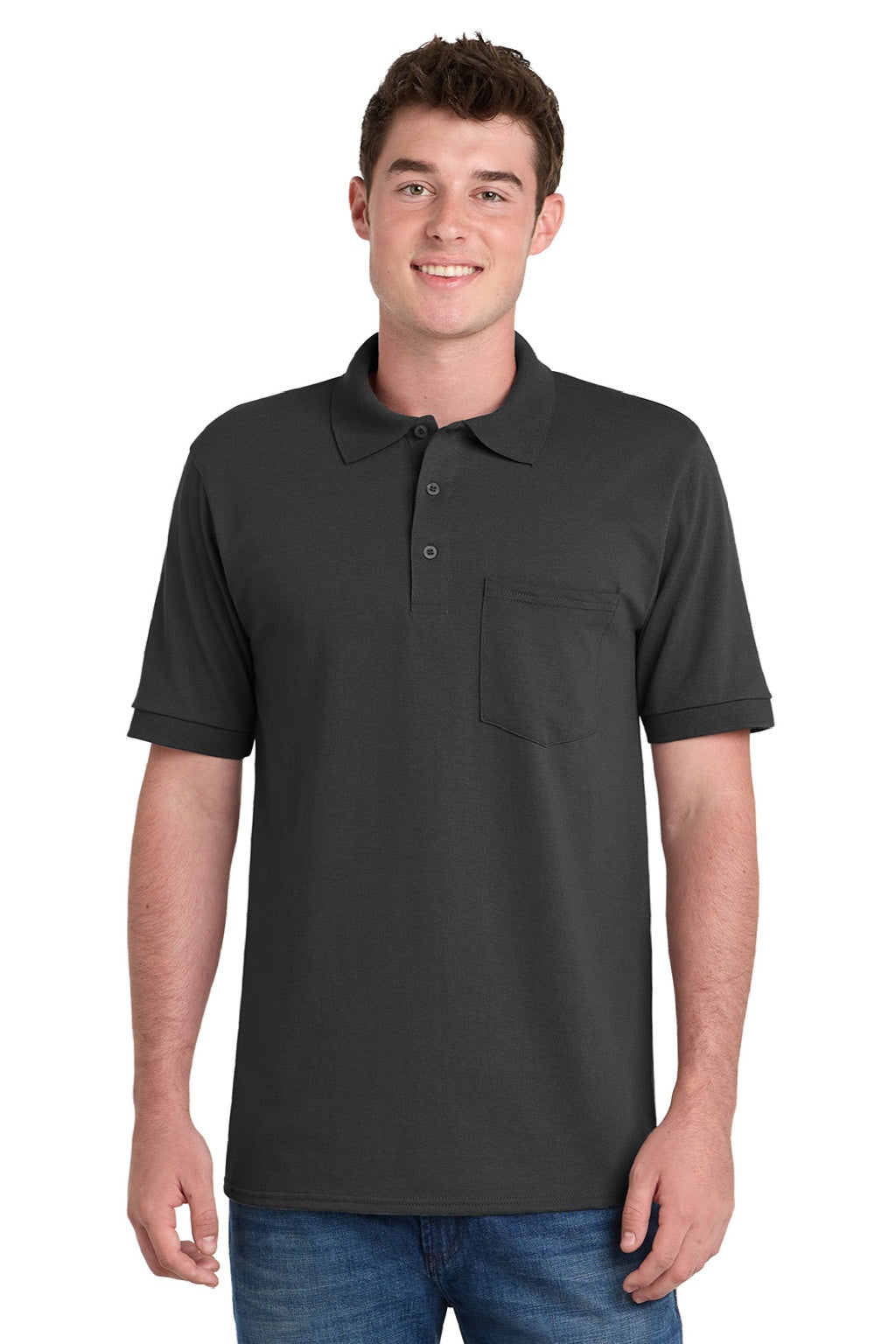 Port & Company KP55P Mens Core Stain Resistant Short Sleeve Polo Shirt w/ Pocket Jet Black Model Front
