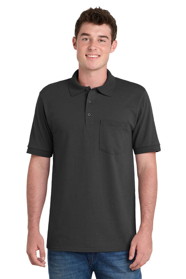 Port & Company KP55P Mens Core Stain Resistant Short Sleeve Polo Shirt w/ Pocket Jet Black Model Front