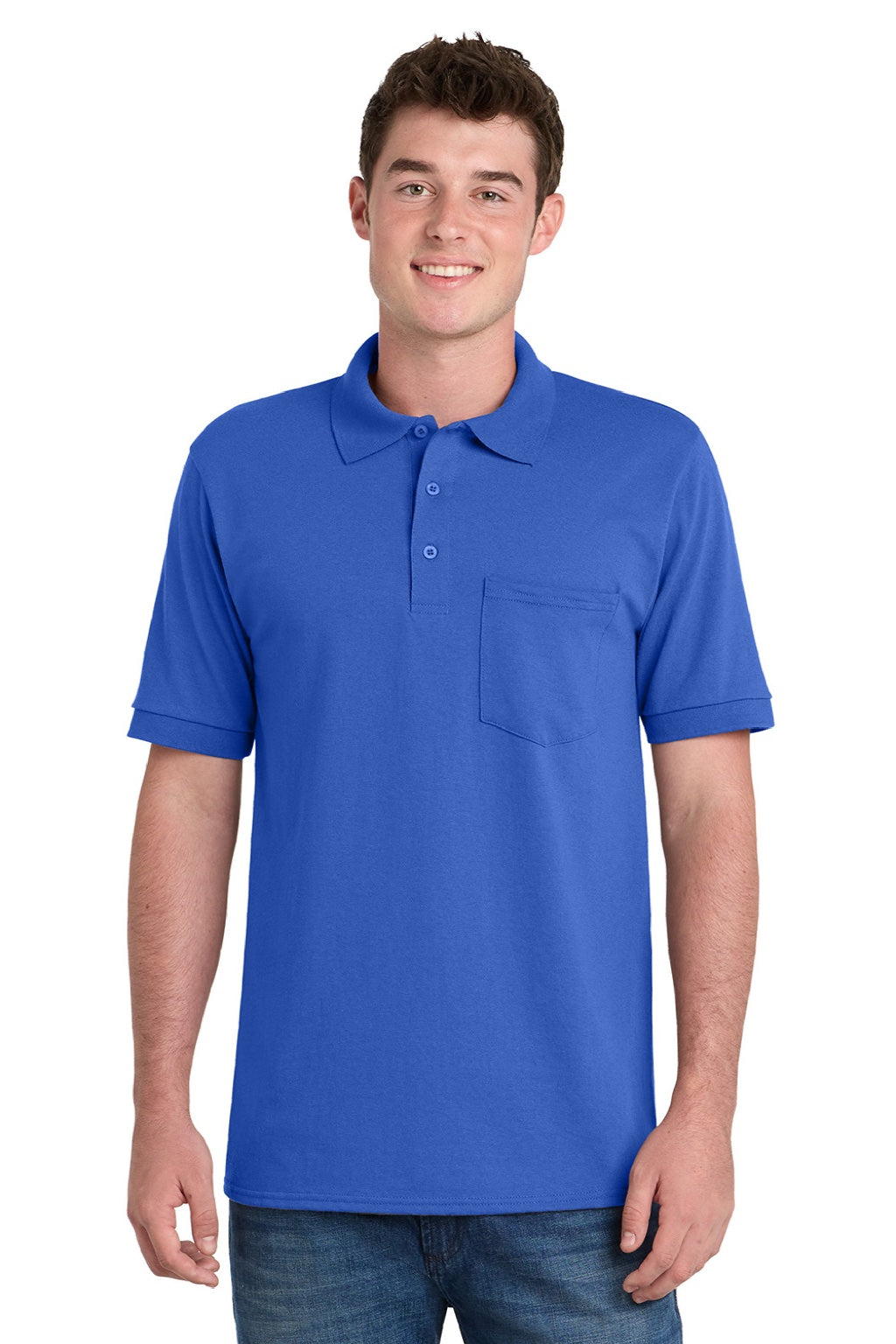 Port & Company KP55P Mens Core Stain Resistant Short Sleeve Polo Shirt w/ Pocket Royal Blue Model Front