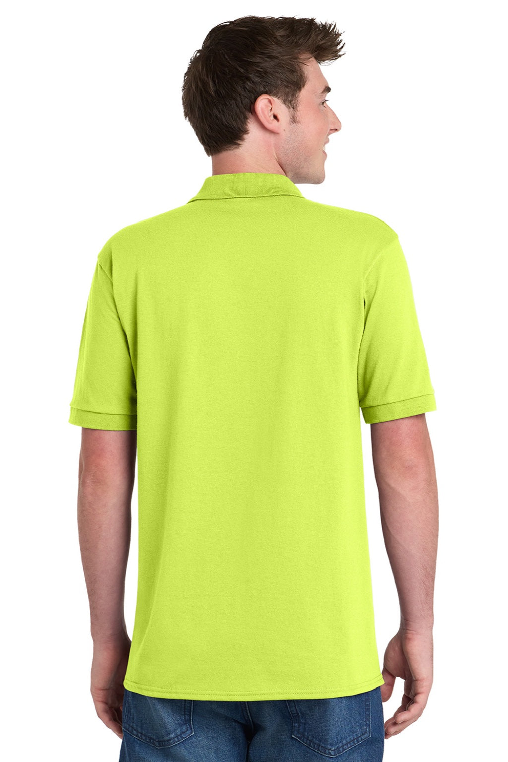 Port & Company KP55P Mens Core Stain Resistant Short Sleeve Polo Shirt w/ Pocket Safety Green Model Back