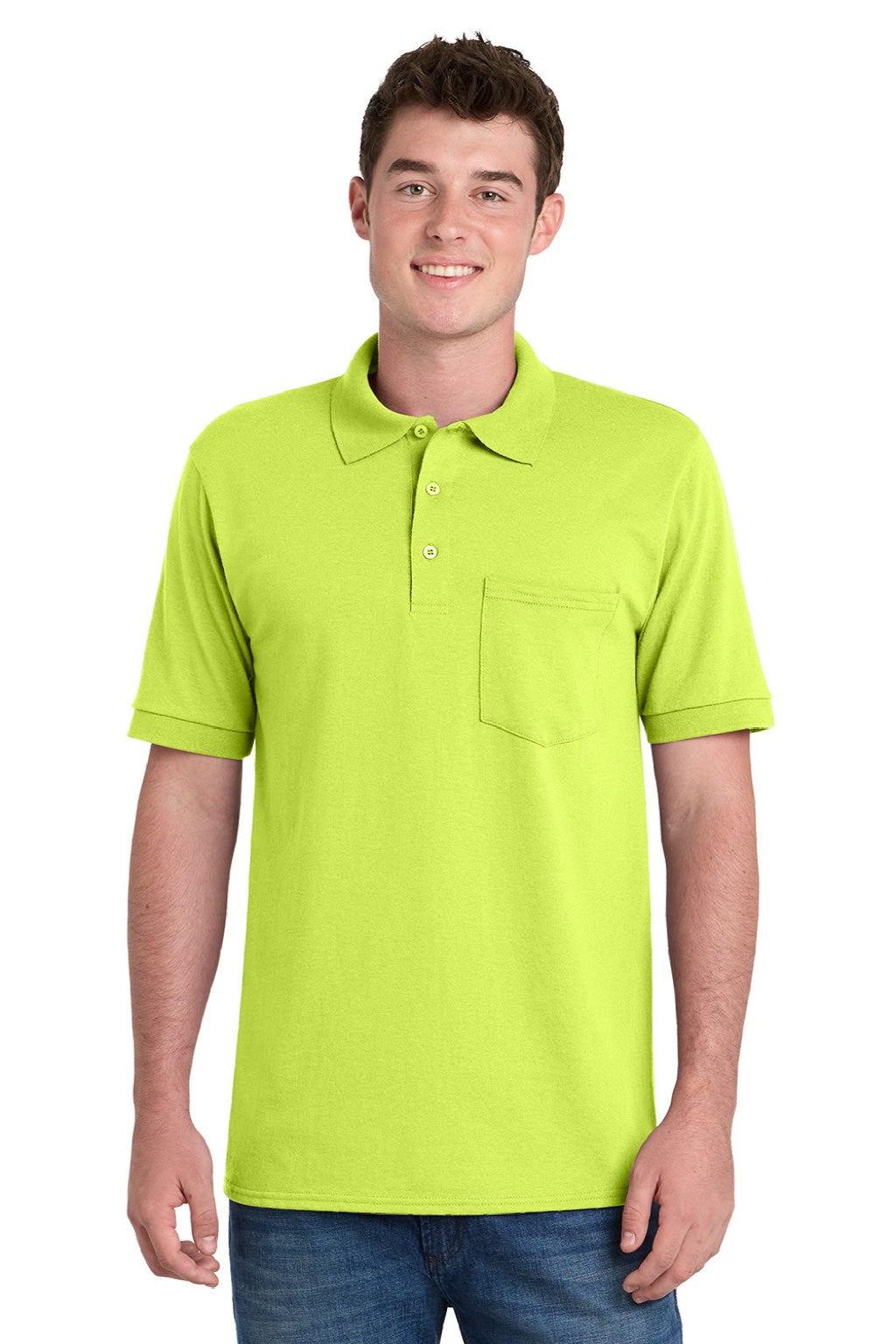 Port & Company KP55P Mens Core Stain Resistant Short Sleeve Polo Shirt w/ Pocket Safety Green Model Front