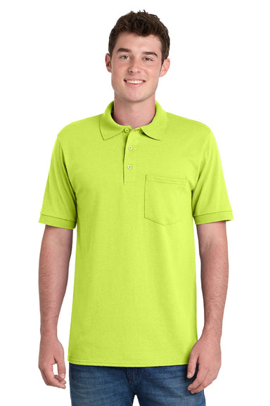 Port & Company KP55P Mens Core Stain Resistant Short Sleeve Polo Shirt w/ Pocket Safety Green Model Front