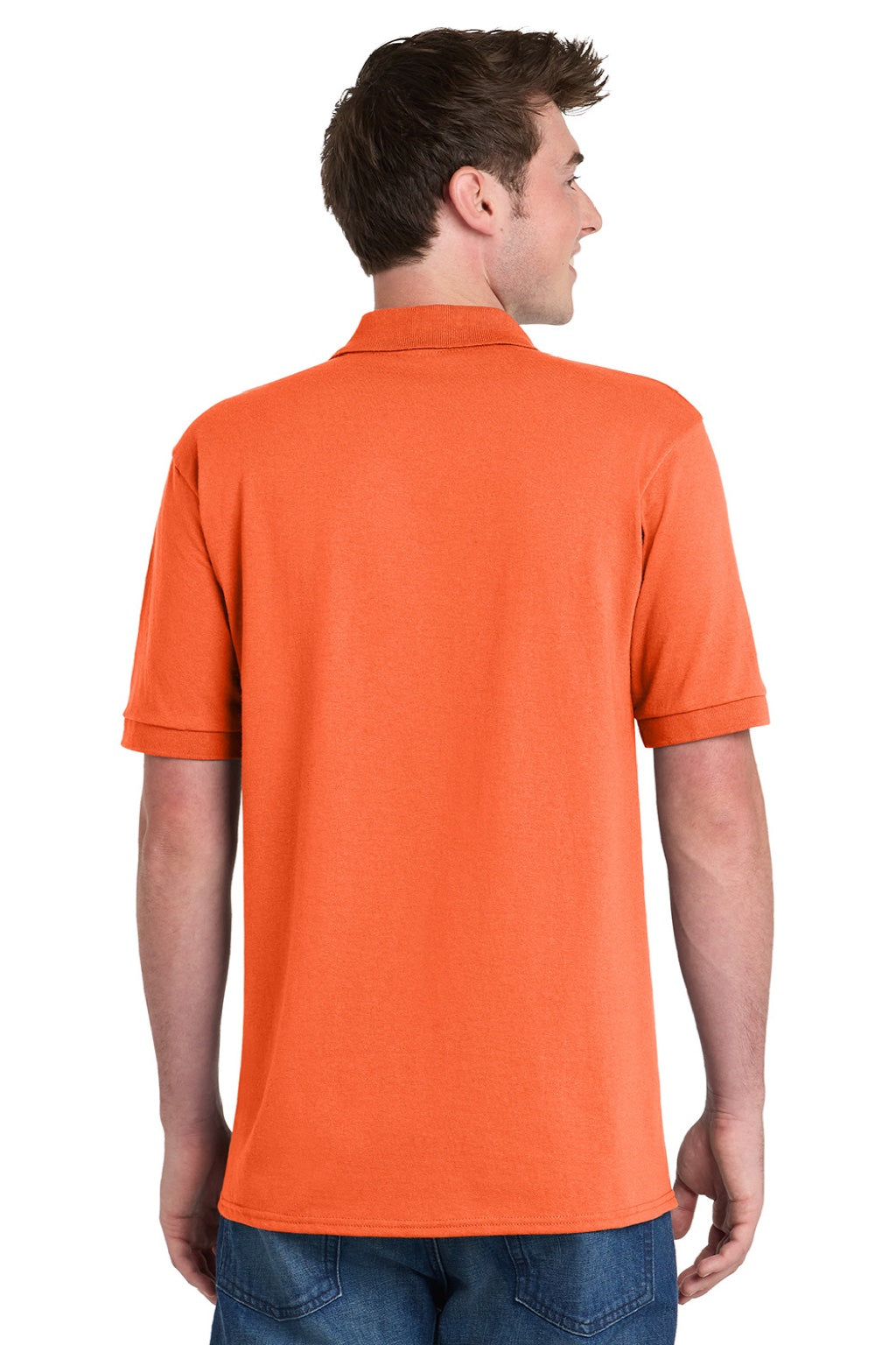 Port & Company KP55P Mens Core Stain Resistant Short Sleeve Polo Shirt w/ Pocket Safety Orange Model Back