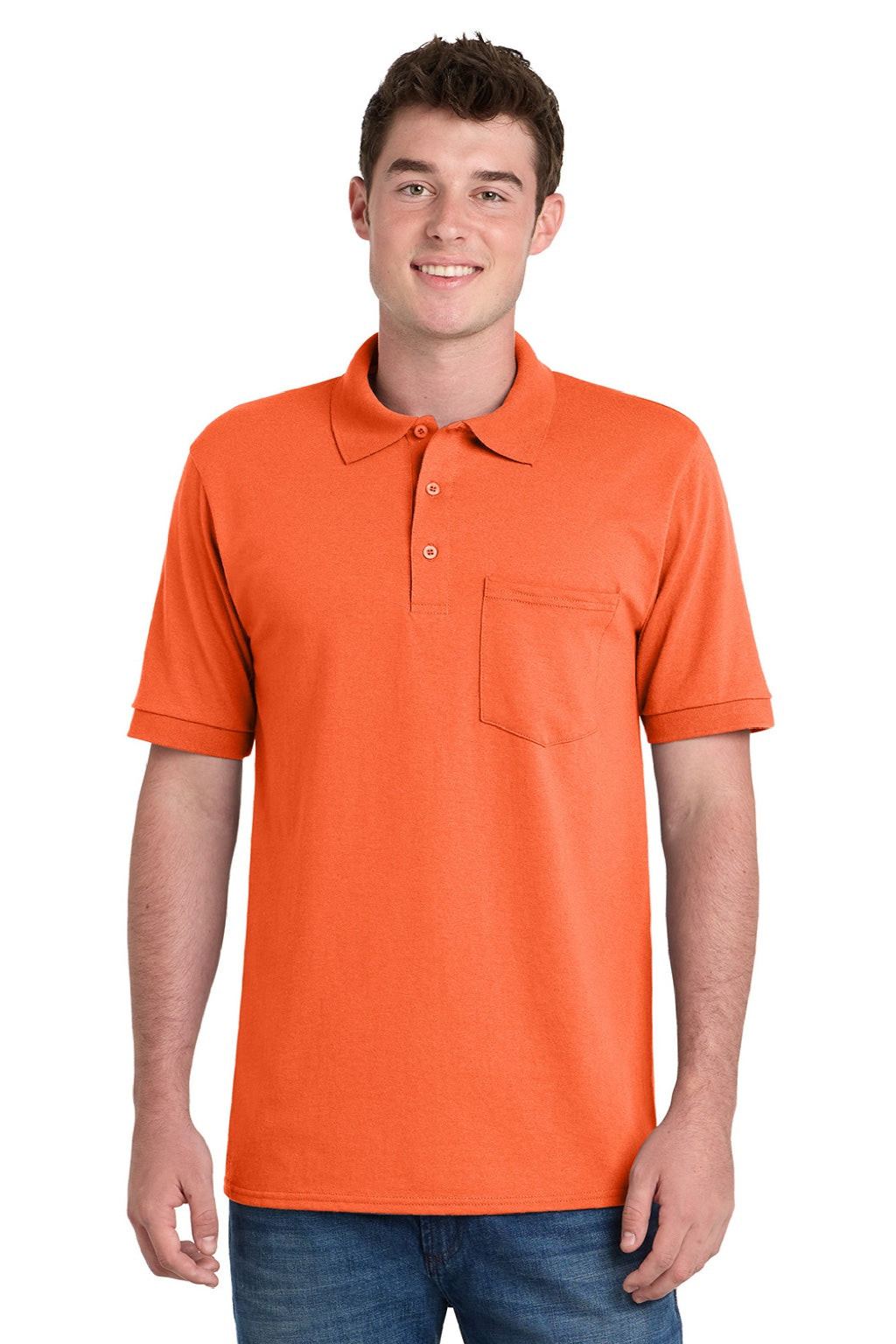 Port & Company KP55P Mens Core Stain Resistant Short Sleeve Polo Shirt w/ Pocket Safety Orange Model Front