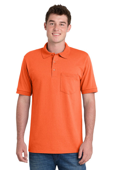 Port & Company KP55P Mens Core Stain Resistant Short Sleeve Polo Shirt w/ Pocket Safety Orange Model Front