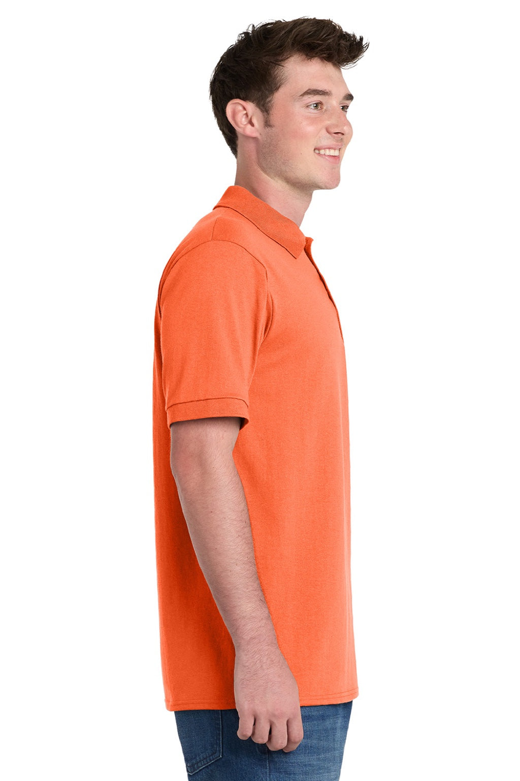 Port & Company KP55P Mens Core Stain Resistant Short Sleeve Polo Shirt w/ Pocket Safety Orange Model Side
