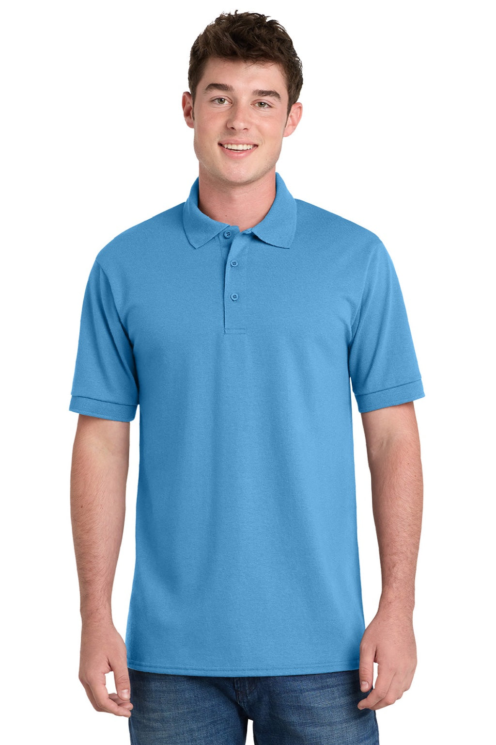 Port & Company KP55/KP55T Mens Core Stain Resistant Short Sleeve Polo Shirt Aquatic Blue Model Front