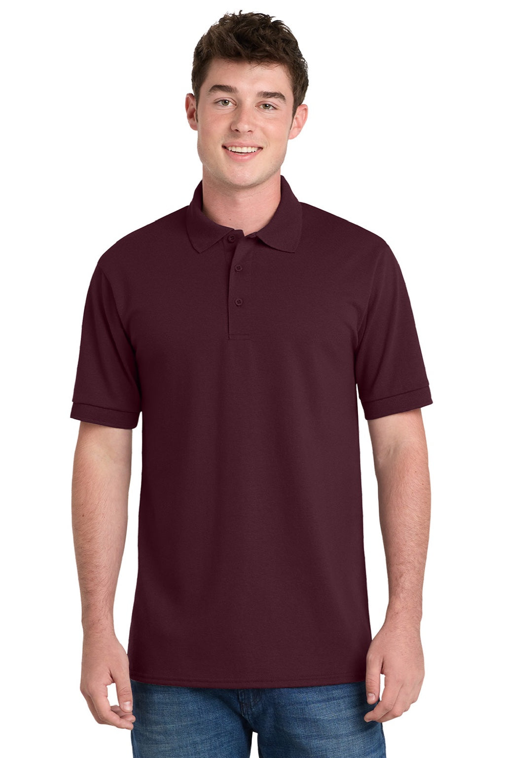 Port & Company KP55/KP55T Mens Core Stain Resistant Short Sleeve Polo Shirt Athletic Maroon Model Front