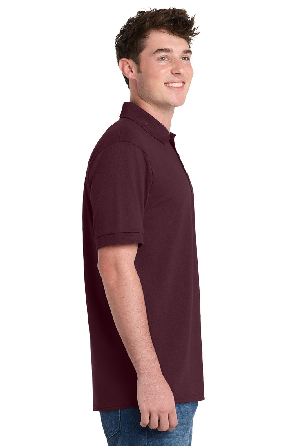 Port & Company KP55/KP55T Mens Core Stain Resistant Short Sleeve Polo Shirt Athletic Maroon Model Side