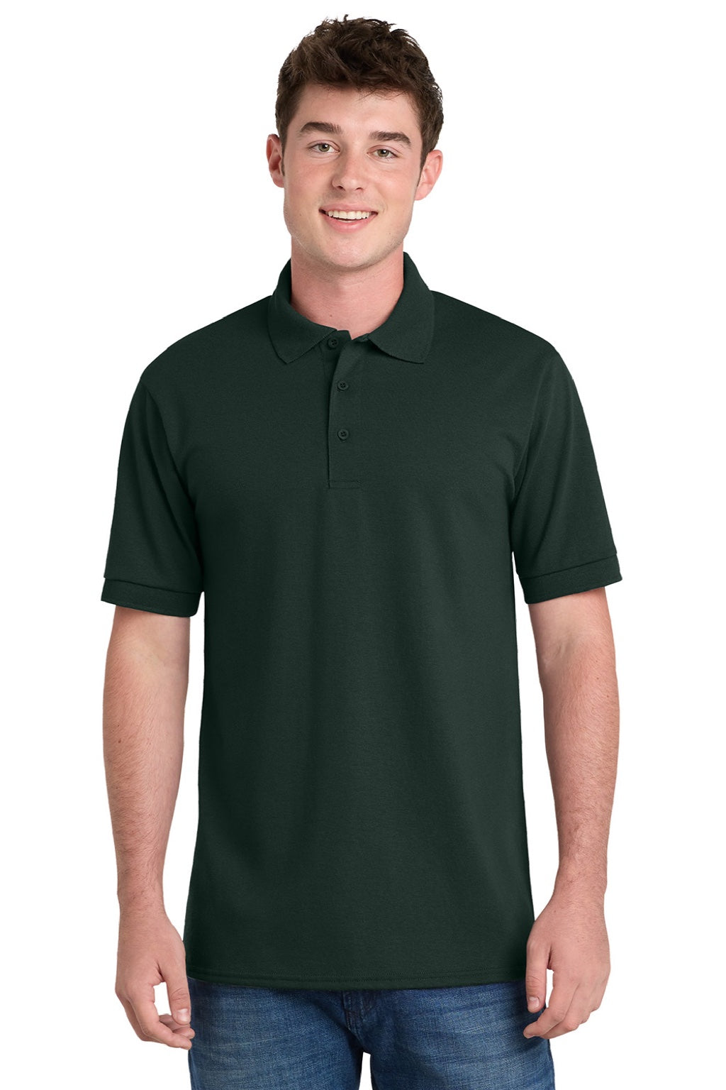 Port & Company KP55/KP55T Mens Core Stain Resistant Short Sleeve Polo Shirt Dark Green Model Front