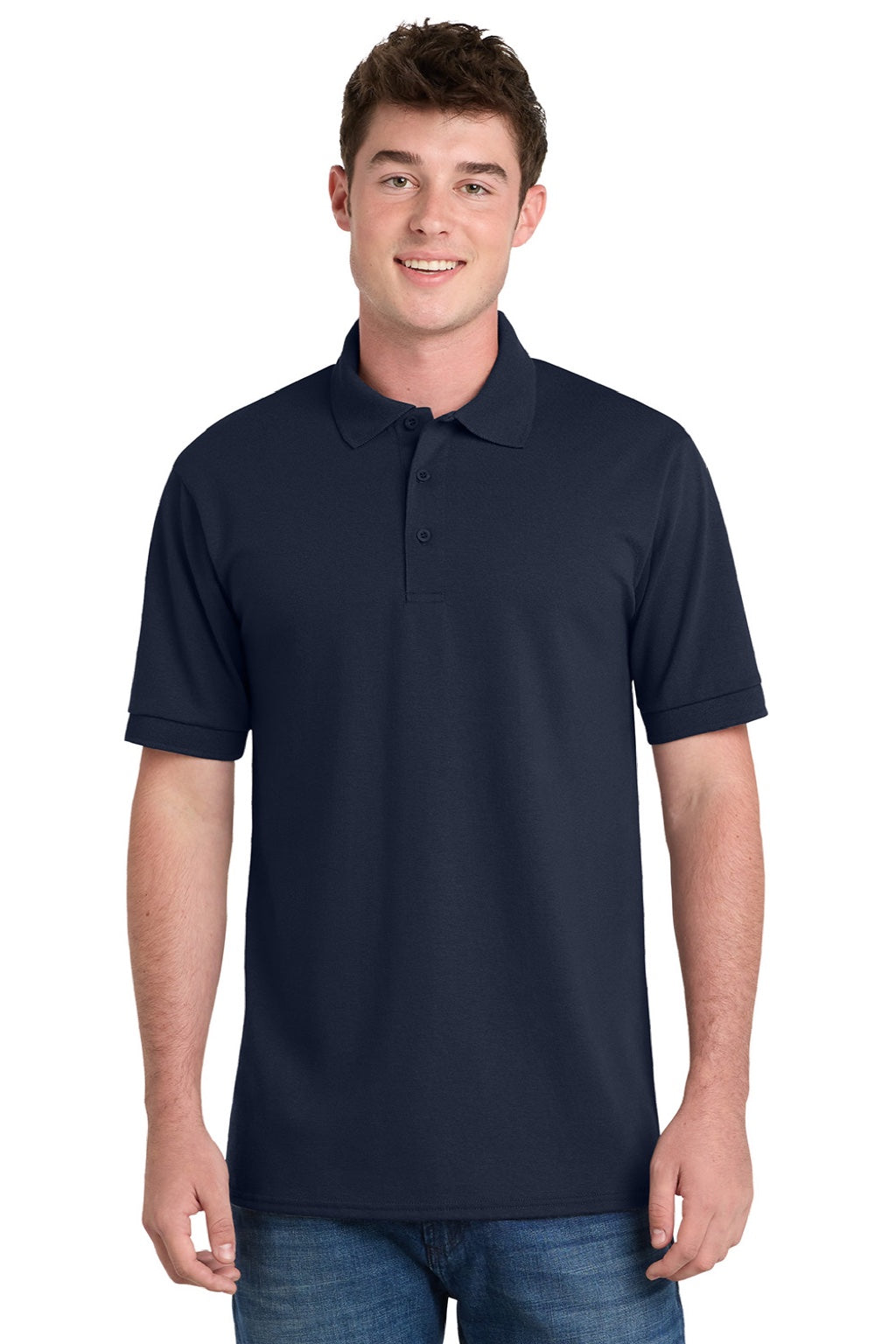 Port & Company KP55/KP55T Mens Core Stain Resistant Short Sleeve Polo Shirt Deep Navy Blue Model Front