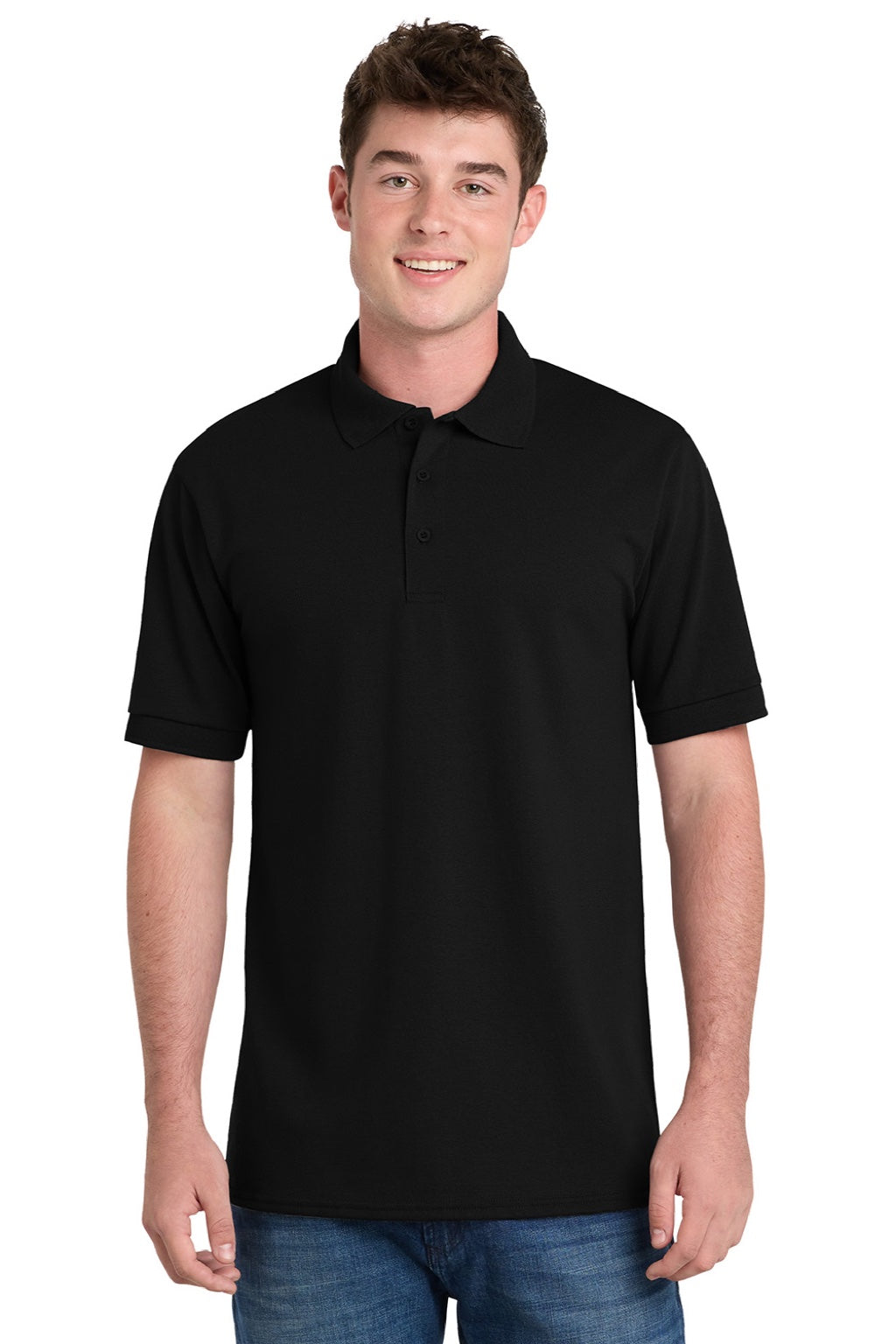Port & Company KP55/KP55T Mens Core Stain Resistant Short Sleeve Polo Shirt Jet Black Model Front