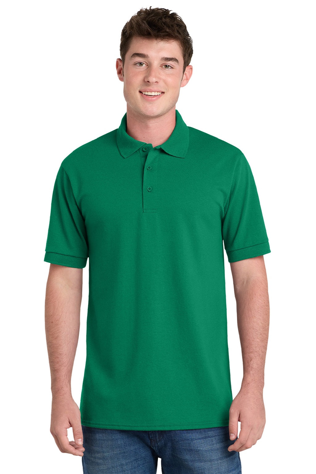 Port & Company KP55/KP55T Mens Core Stain Resistant Short Sleeve Polo Shirt Kelly Green Model Front