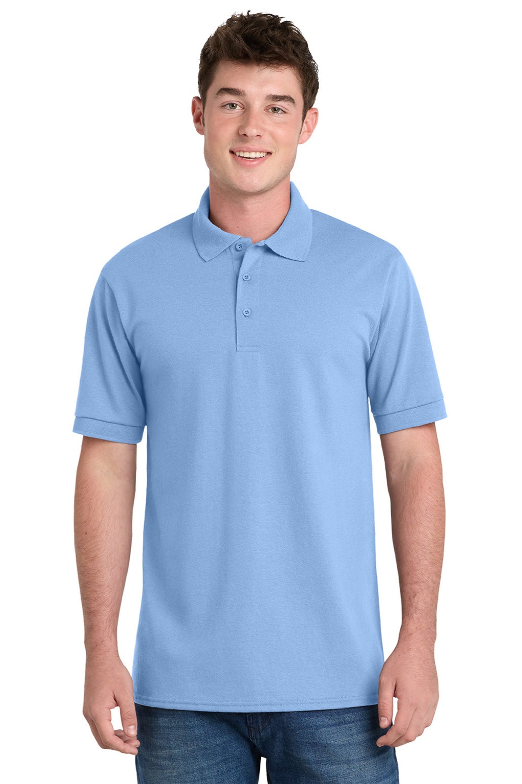 Port & Company KP55/KP55T Mens Core Stain Resistant Short Sleeve Polo Shirt Light Blue Model Front