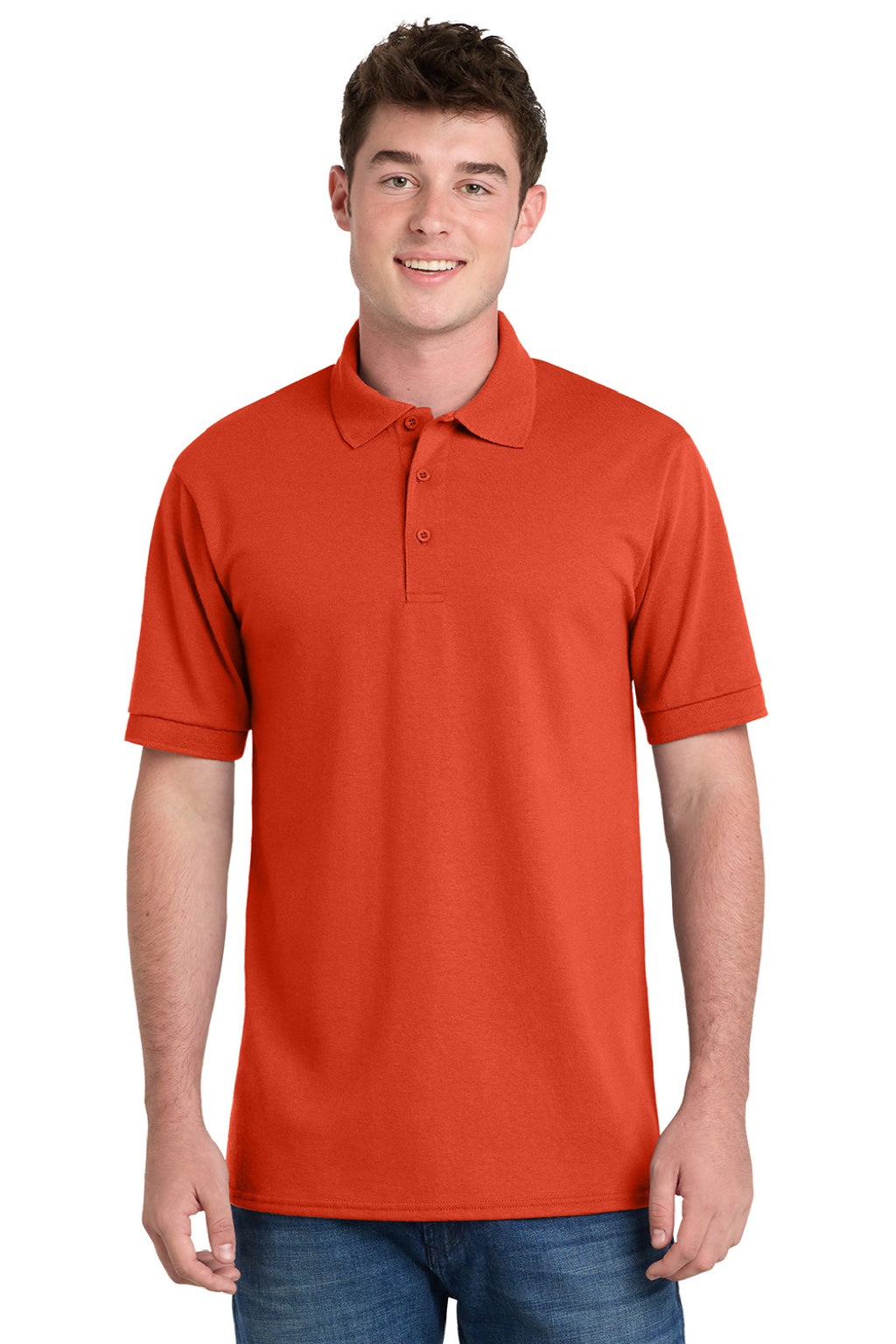 Port & Company KP55/KP55T Mens Core Stain Resistant Short Sleeve Polo Shirt Orange Model Front