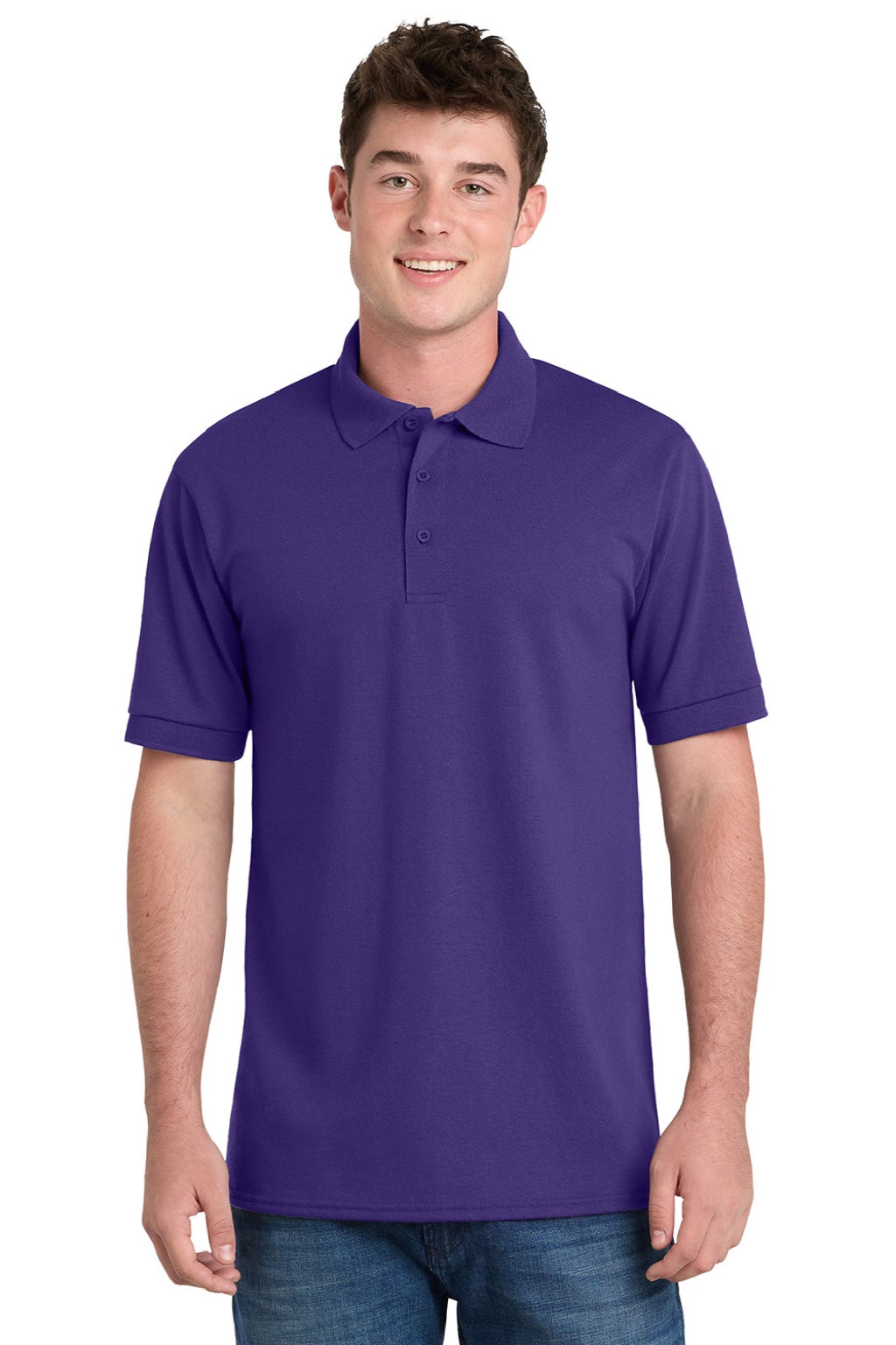 Port & Company KP55/KP55T Mens Core Stain Resistant Short Sleeve Polo Shirt Purple Model Front