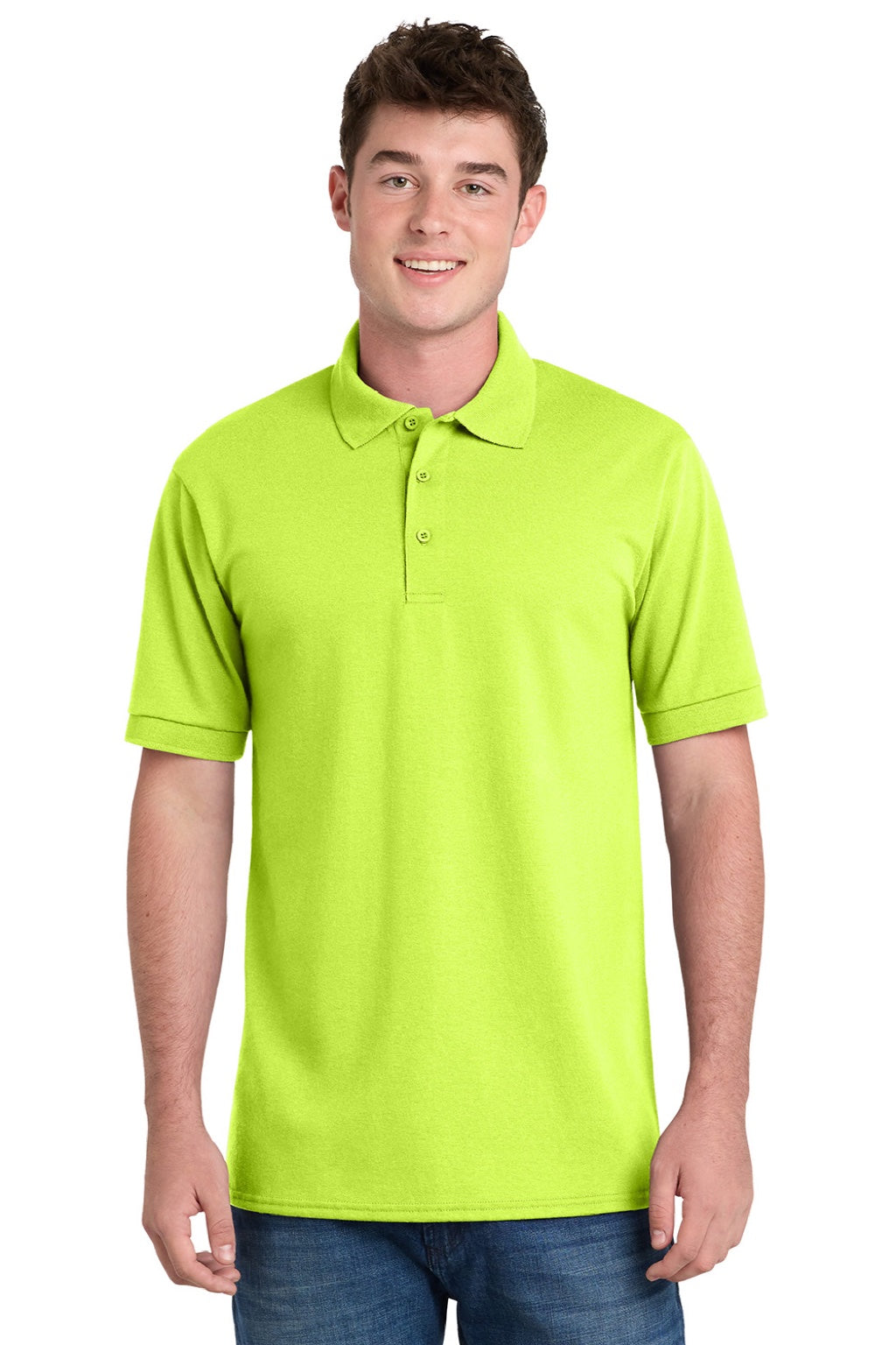 Port & Company KP55/KP55T Mens Core Stain Resistant Short Sleeve Polo Shirt Safety Green Model Front