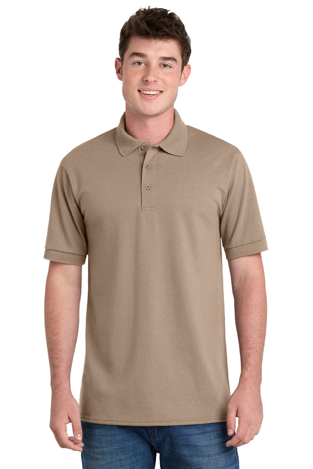 Port & Company KP55/KP55T Mens Core Stain Resistant Short Sleeve Polo Shirt Sand Brown Model Front