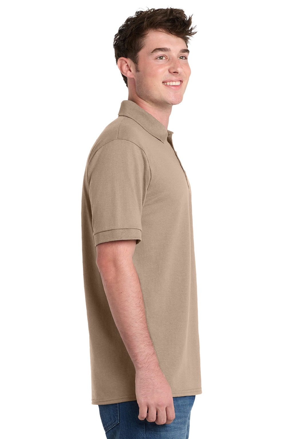 Port & Company KP55/KP55T Mens Core Stain Resistant Short Sleeve Polo Shirt Sand Brown Model Side