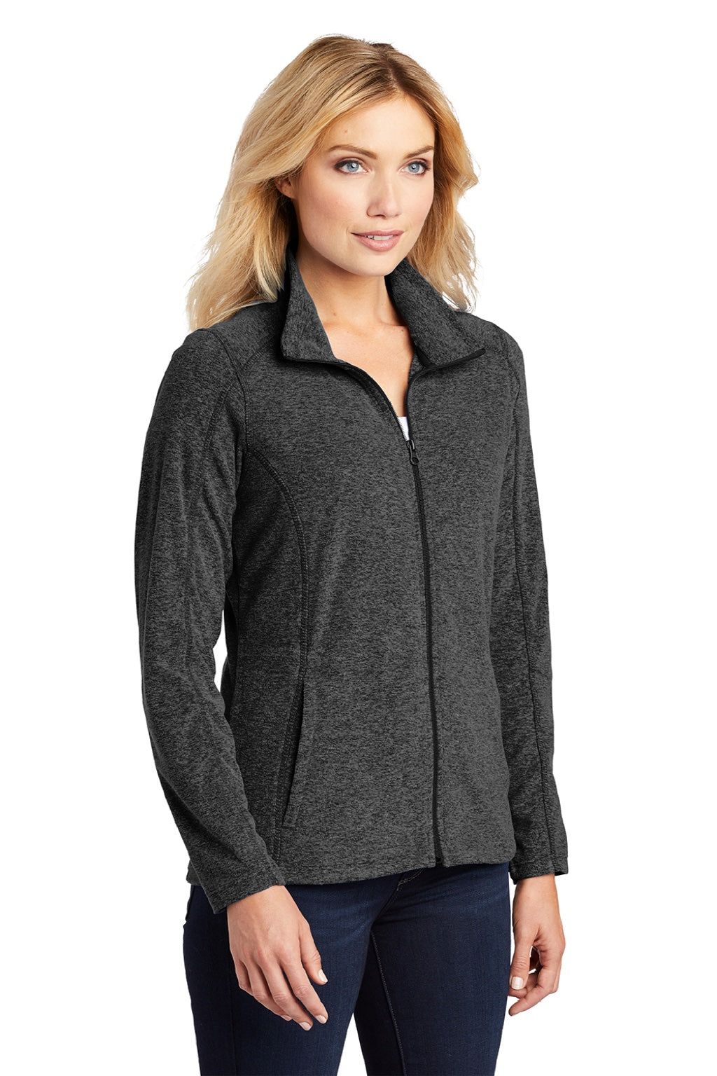 Port Authority L235 Womens Pill Resistant Heather Microfleece Full Zip Sweatshirt w/ Pockets Heather Charcoal Black Model 3q