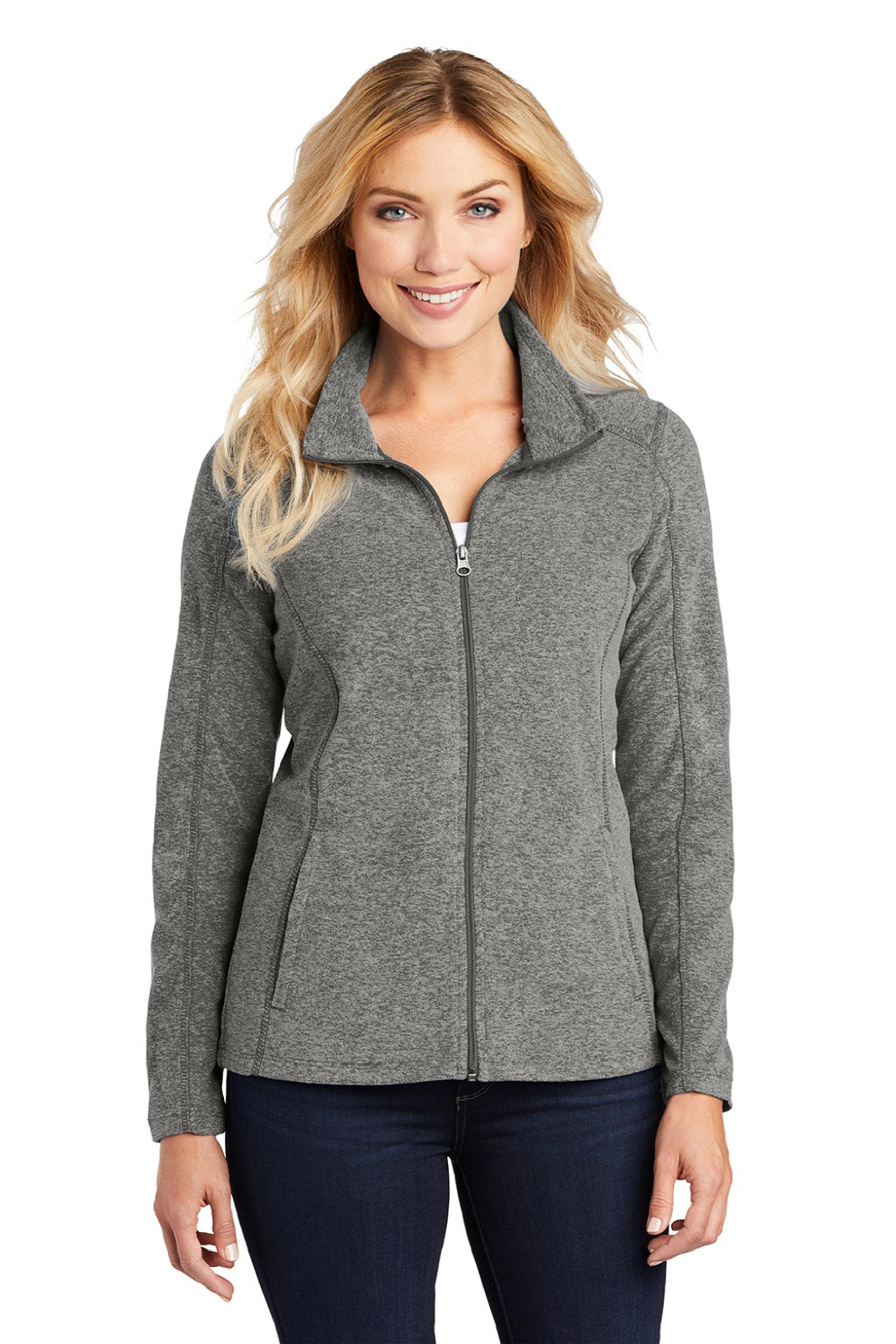 Port Authority L235 Womens Pill Resistant Heather Microfleece Full Zip Sweatshirt w/ Pockets Heather Pearl Grey Model Front
