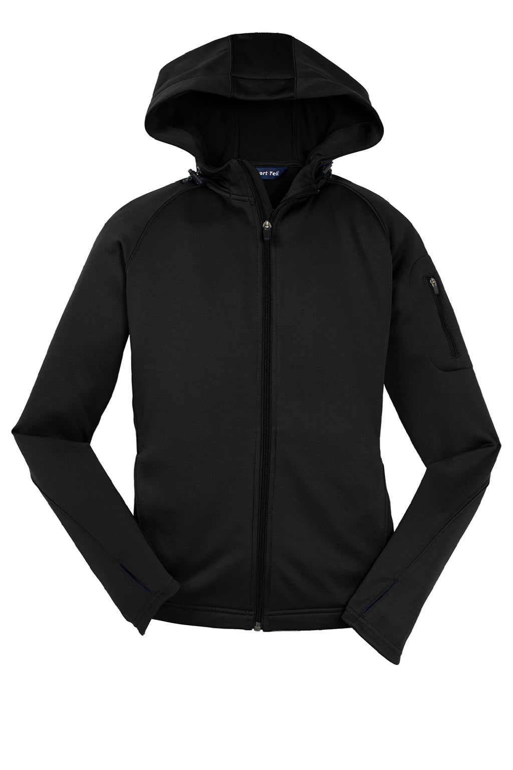Sport-Tek L248 Womens Tech Moisture Wicking Fleece Full Zip Hooded Sweatshirt Hoodie w/ Pockets Black Flat Front