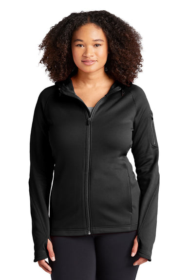 Sport-Tek L248 Womens Tech Moisture Wicking Fleece Full Zip Hooded Sweatshirt Hoodie w/ Pockets Black Model Front