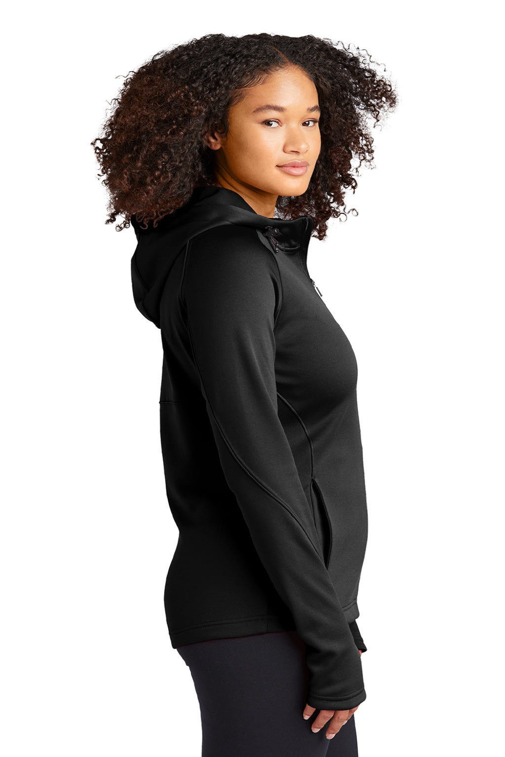 Sport-Tek L248 Womens Tech Moisture Wicking Fleece Full Zip Hooded Sweatshirt Hoodie w/ Pockets Black Model Side