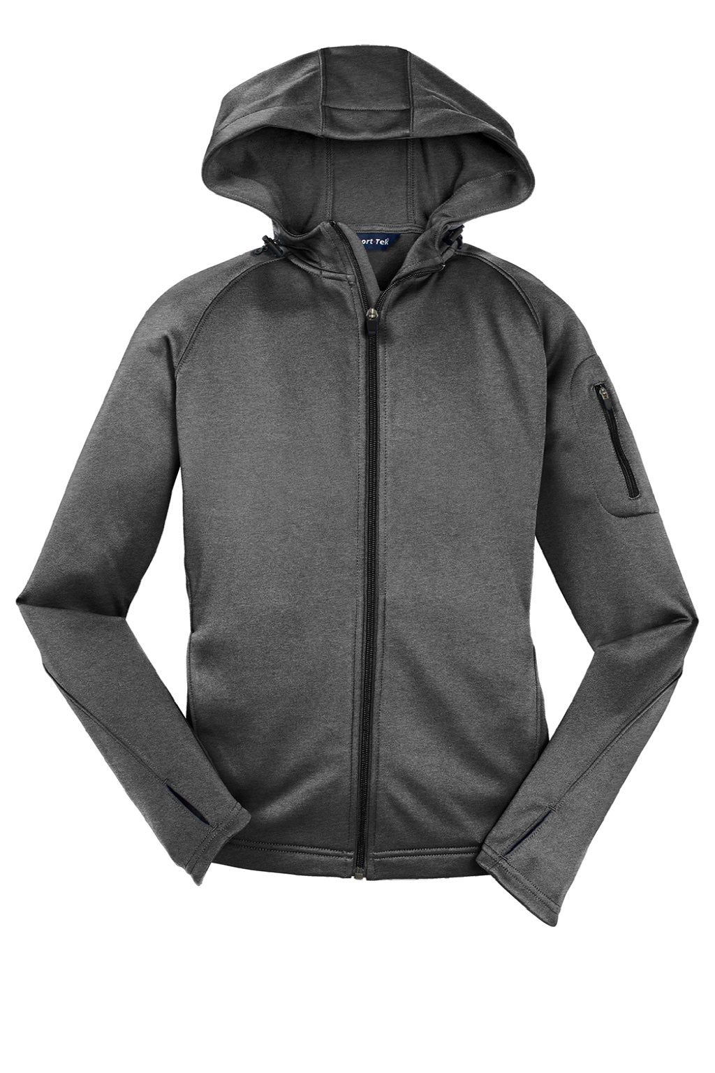 Sport-Tek L248 Womens Tech Moisture Wicking Fleece Full Zip Hooded Sweatshirt Hoodie w/ Pockets Heather Graphite Grey Flat Front