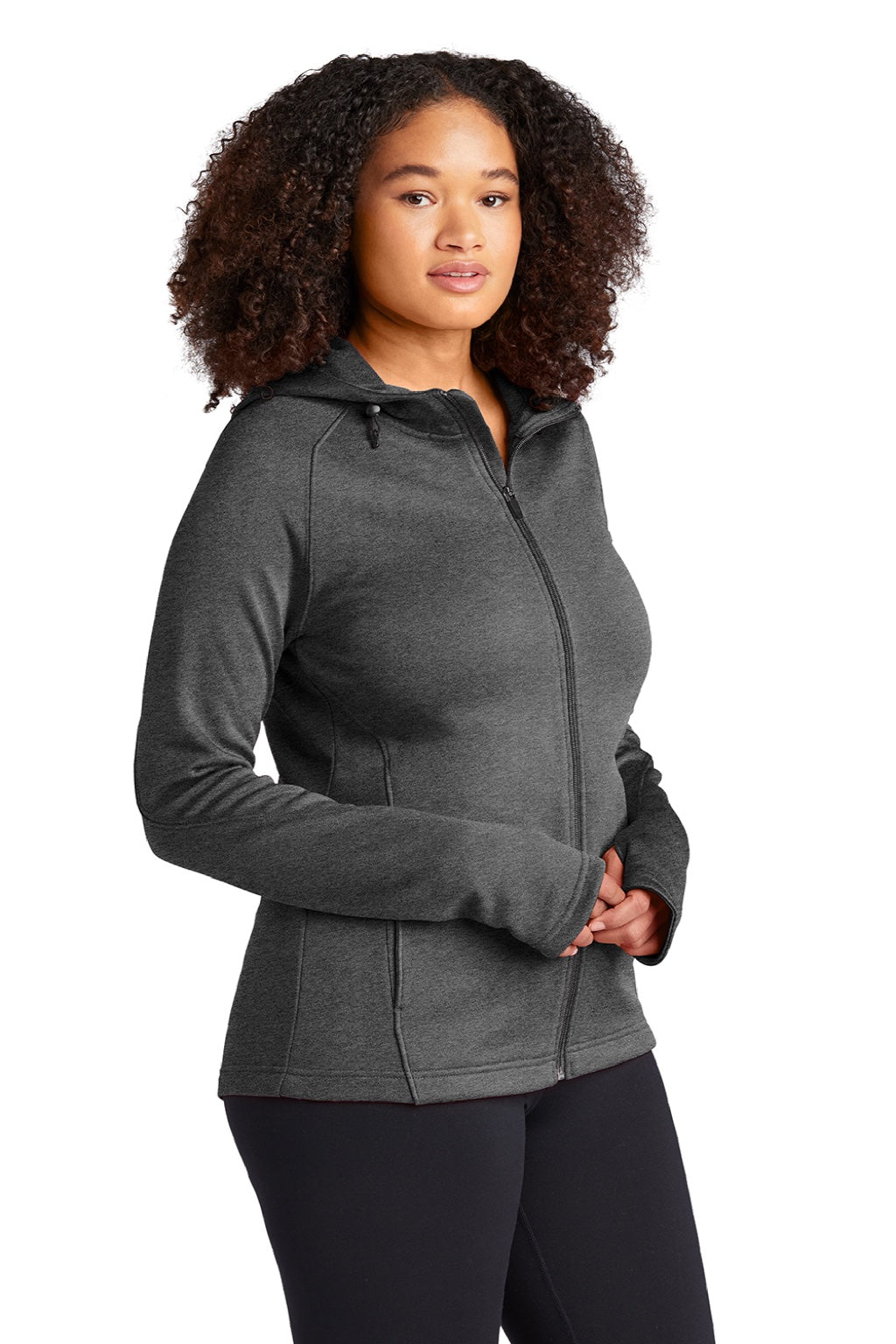 Sport-Tek L248 Womens Tech Moisture Wicking Fleece Full Zip Hooded Sweatshirt Hoodie w/ Pockets Heather Graphite Grey Model 3q