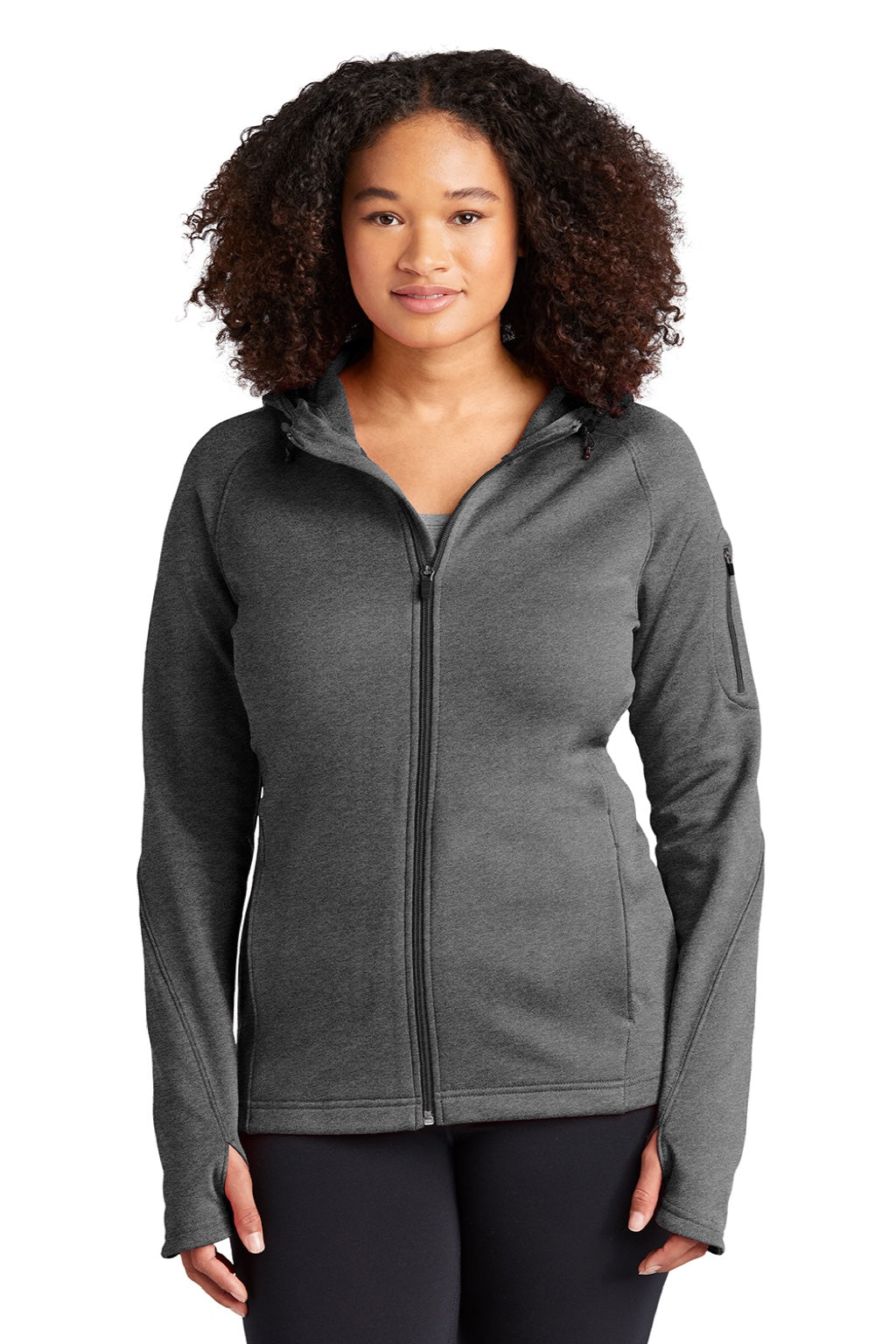 Sport-Tek L248 Womens Tech Moisture Wicking Fleece Full Zip Hooded Sweatshirt Hoodie w/ Pockets Heather Graphite Grey Model Front