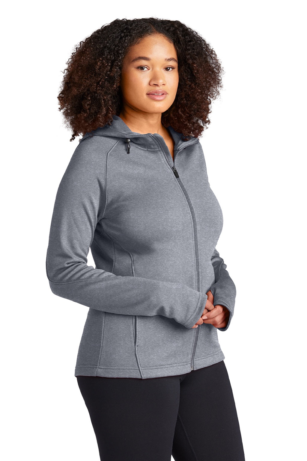 Sport-Tek L248 Womens Tech Moisture Wicking Fleece Full Zip Hooded Sweatshirt Hoodie w/ Pockets Heather Grey Model 3q