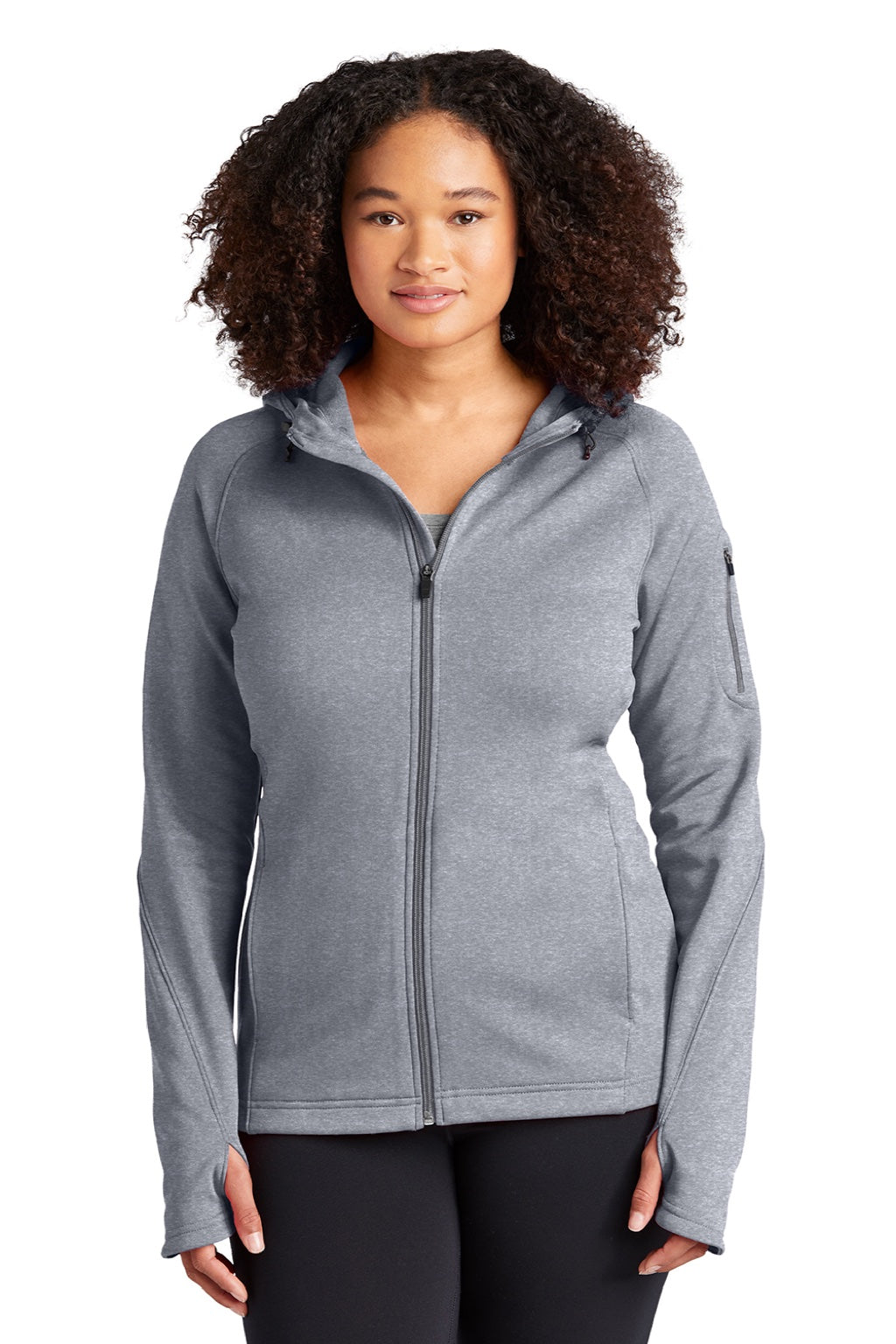 Sport-Tek L248 Womens Tech Moisture Wicking Fleece Full Zip Hooded Sweatshirt Hoodie w/ Pockets Heather Grey Model Front