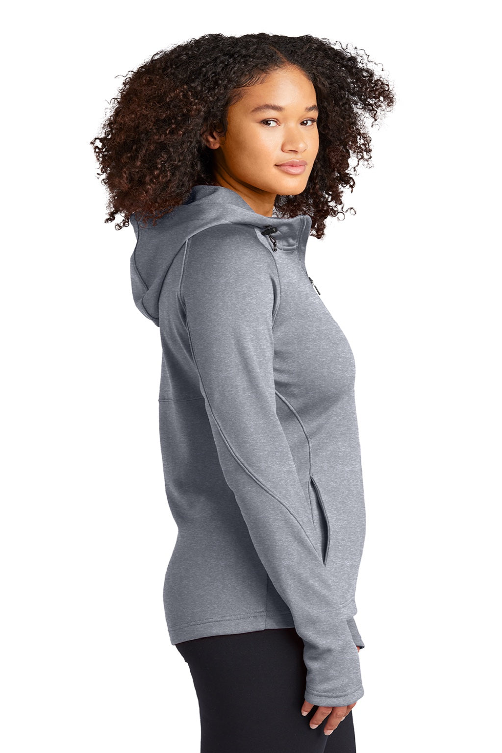 Sport-Tek L248 Womens Tech Moisture Wicking Fleece Full Zip Hooded Sweatshirt Hoodie w/ Pockets Heather Grey Model Side