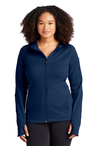 Sport-Tek L248 Womens Tech Moisture Wicking Fleece Full Zip Hooded Sweatshirt Hoodie w/ Pockets True Navy Blue Model Front