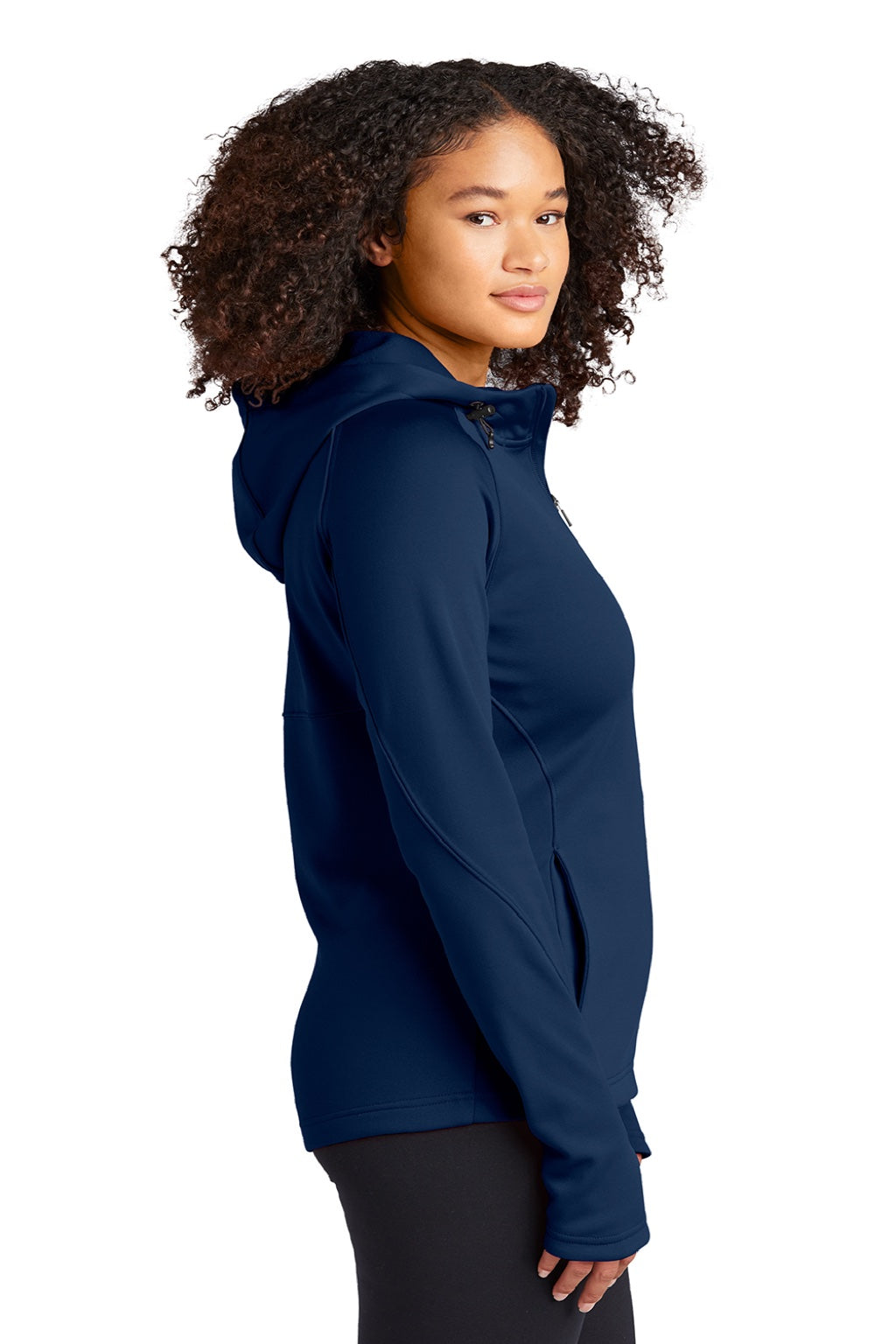 Sport-Tek L248 Womens Tech Moisture Wicking Fleece Full Zip Hooded Sweatshirt Hoodie w/ Pockets True Navy Blue Model Side