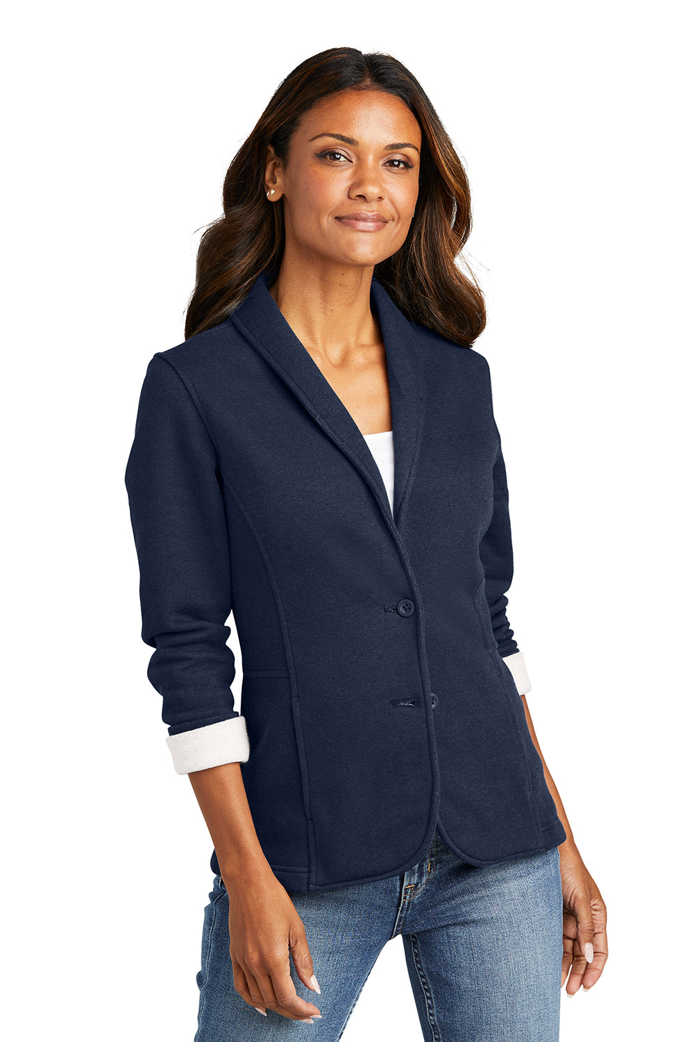 Port Authority Womens Button Down Fleece Blazer Heather Dark Navy Blue Closeout