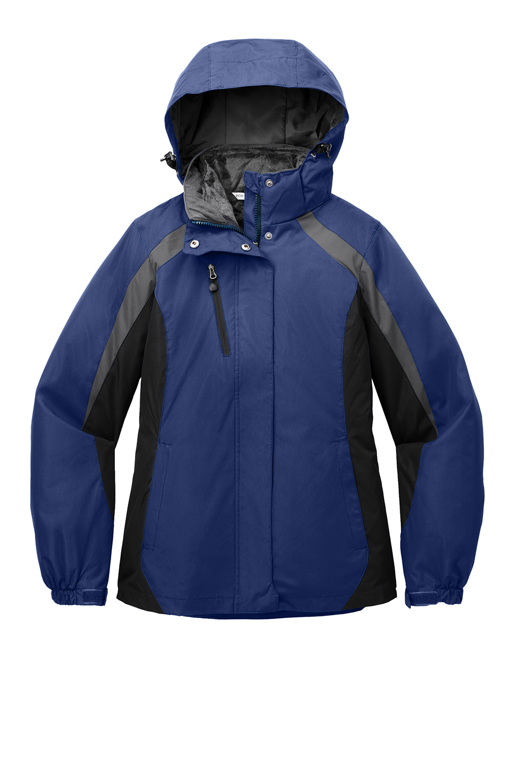 Port Authority L321 Womens 3-in-1 Wind & Water Resistant Full Zip Hooded Jacket Admiral Blue/Black/Magnet Grey Flat Front