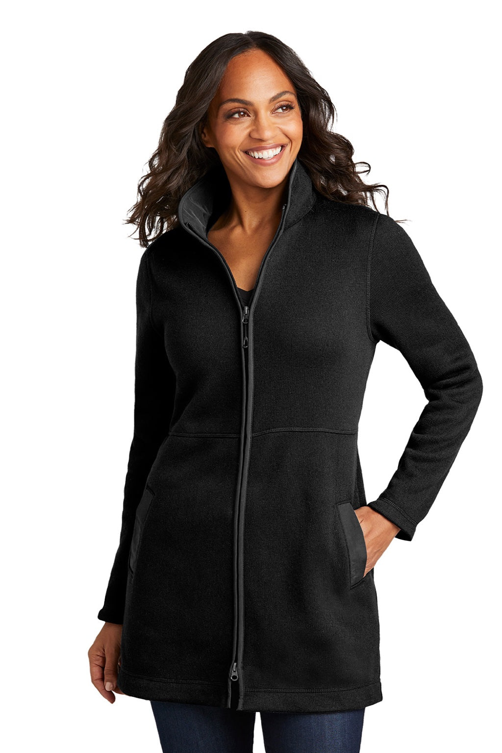 Port Authority L425 Womens Arc Pill Resistant Sweater Fleece Full Zip Long Jacket Deep Black Model Front