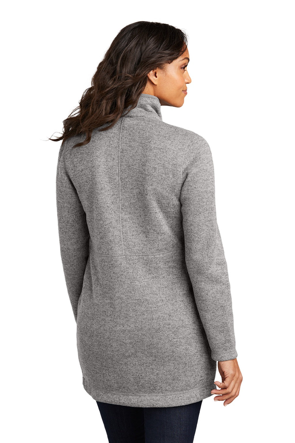 Port Authority L425 Womens Arc Pill Resistant Sweater Fleece Full Zip Long Jacket Heather Deep Smoke Grey Model Back