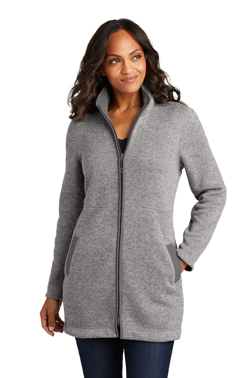 Port Authority L425 Womens Arc Pill Resistant Sweater Fleece Full Zip Long Jacket Heather Deep Smoke Grey Model Front