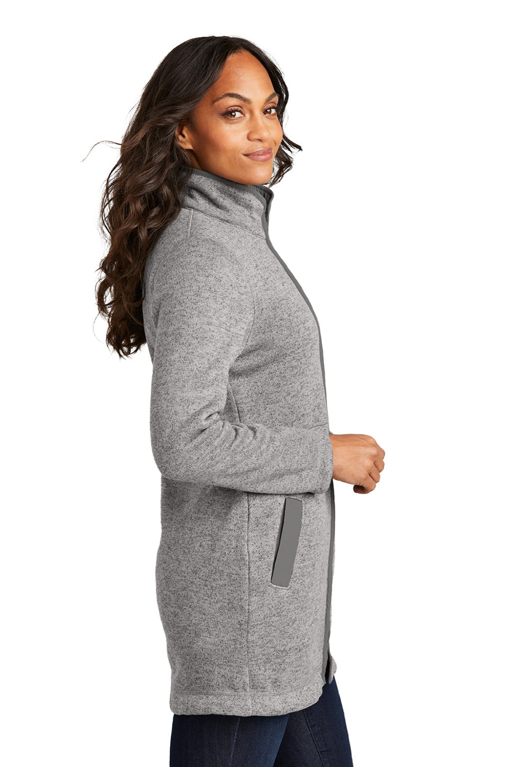 Port Authority L425 Womens Arc Pill Resistant Sweater Fleece Full Zip Long Jacket Heather Deep Smoke Grey Model Side