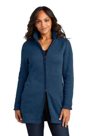 Port Authority L425 Womens Arc Pill Resistant Sweater Fleece Full Zip Long Jacket Heather Insignia Blue Model Front