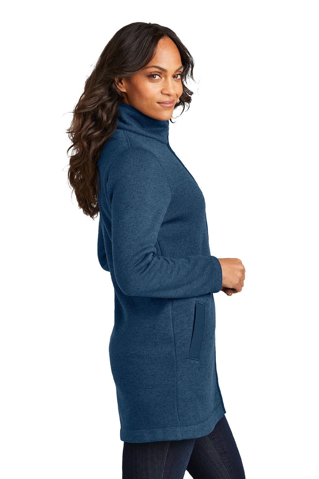 Port Authority L425 Womens Arc Pill Resistant Sweater Fleece Full Zip Long Jacket Heather Insignia Blue Model Side