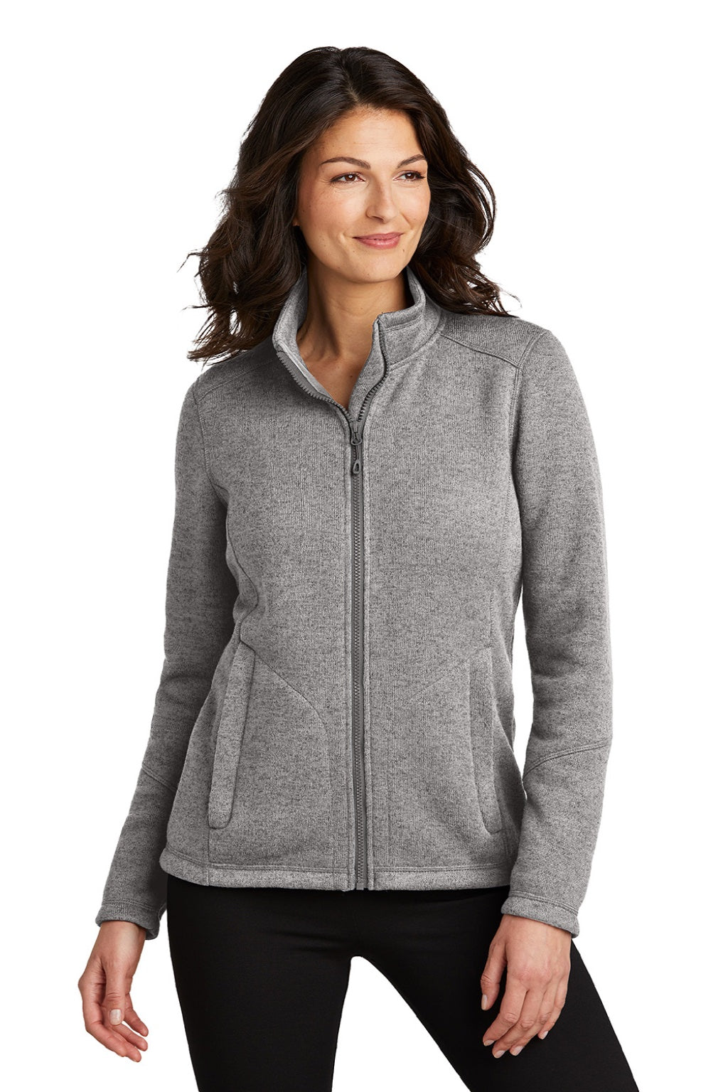 Port Authority L428 Womens Arc Pill Resistant Sweater Fleece Full Zip Jacket Heather Deep Smoke Grey Model Front